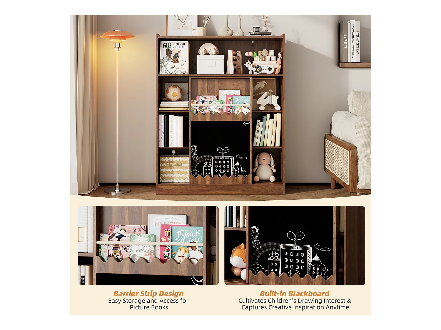 Bibliothèque 120x38.5x151.5 cm - avec planche à dessin amovible - 9 compartiments de rangement - 1 porte coulissante - marron