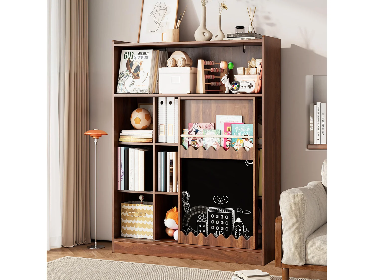 Bibliothèque 120x38.5x151.5 cm - avec planche à dessin amovible - 9 compartiments de rangement - 1 porte coulissante - marron
