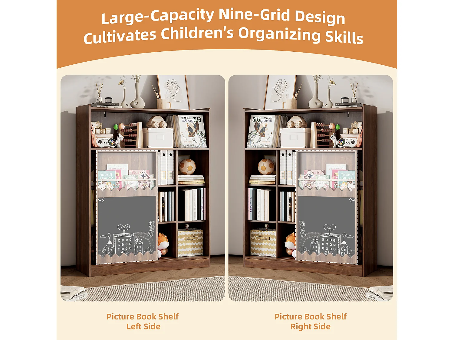 Bibliothèque 120x38.5x151.5 cm - avec planche à dessin amovible - 9 compartiments de rangement - 1 porte coulissante - marron