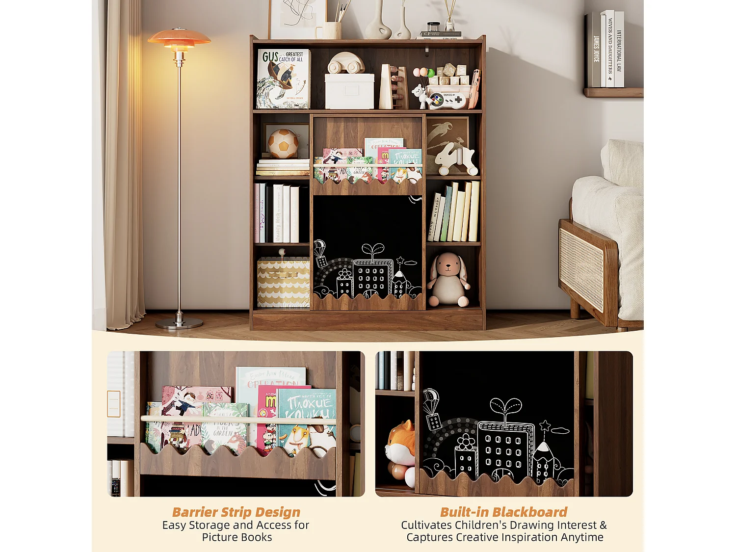 Bibliothèque 120x38.5x151.5 cm - avec planche à dessin amovible - 9 compartiments de rangement - 1 porte coulissante - marron