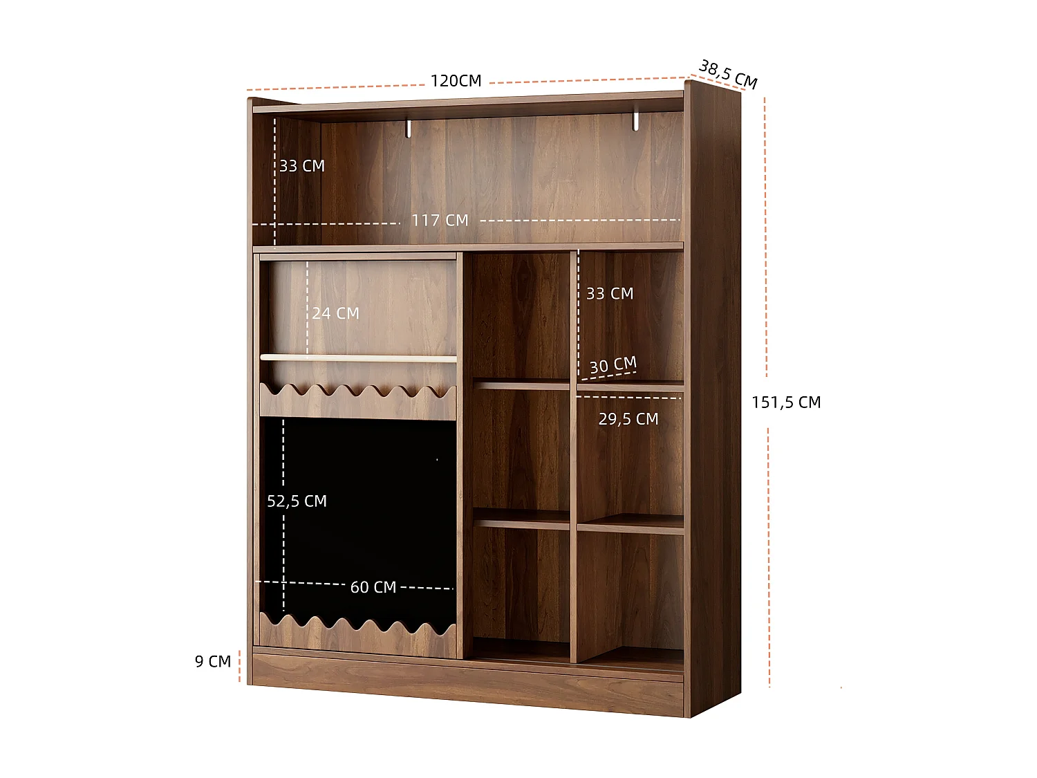 Bibliothèque 120x38.5x151.5 cm - avec planche à dessin amovible - 9 compartiments de rangement - 1 porte coulissante - marron