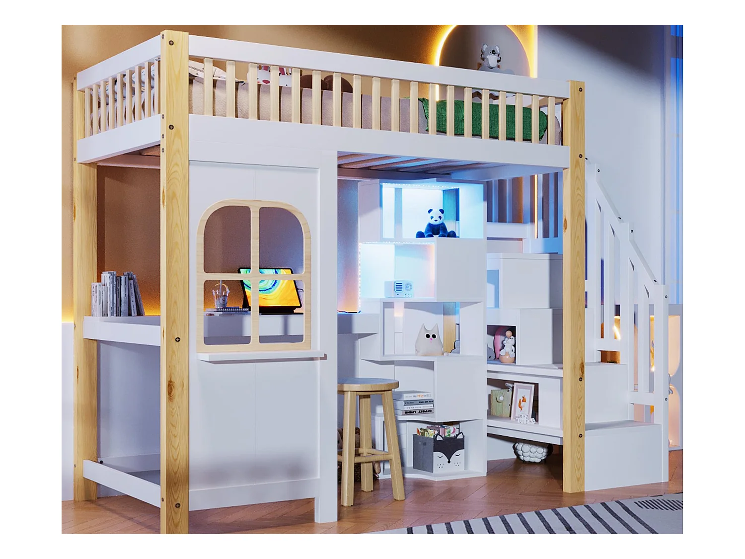 Lit mezzanine 90x200 cm - avec éclairage LED - avec échelle de rangement - avec bureau + prise - coloris blanc + naturel (matelas non inclus)