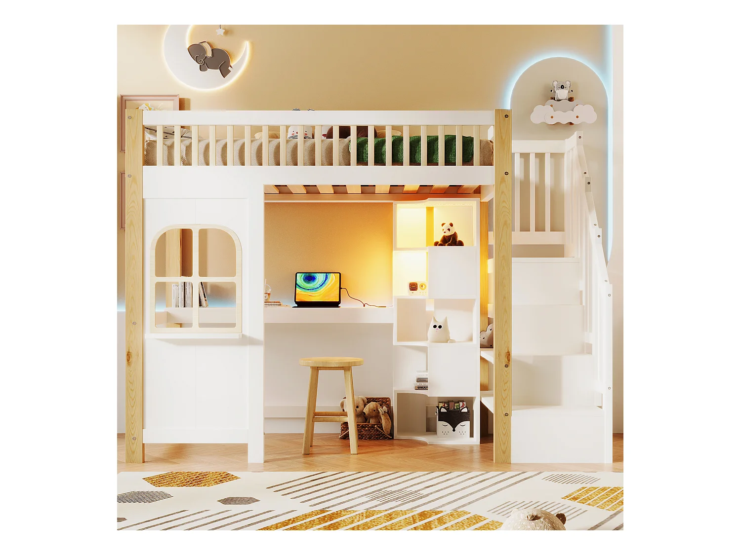 Lit mezzanine 90x200 cm - avec éclairage LED - avec échelle de rangement - avec bureau + prise - coloris blanc + naturel (matelas non inclus)