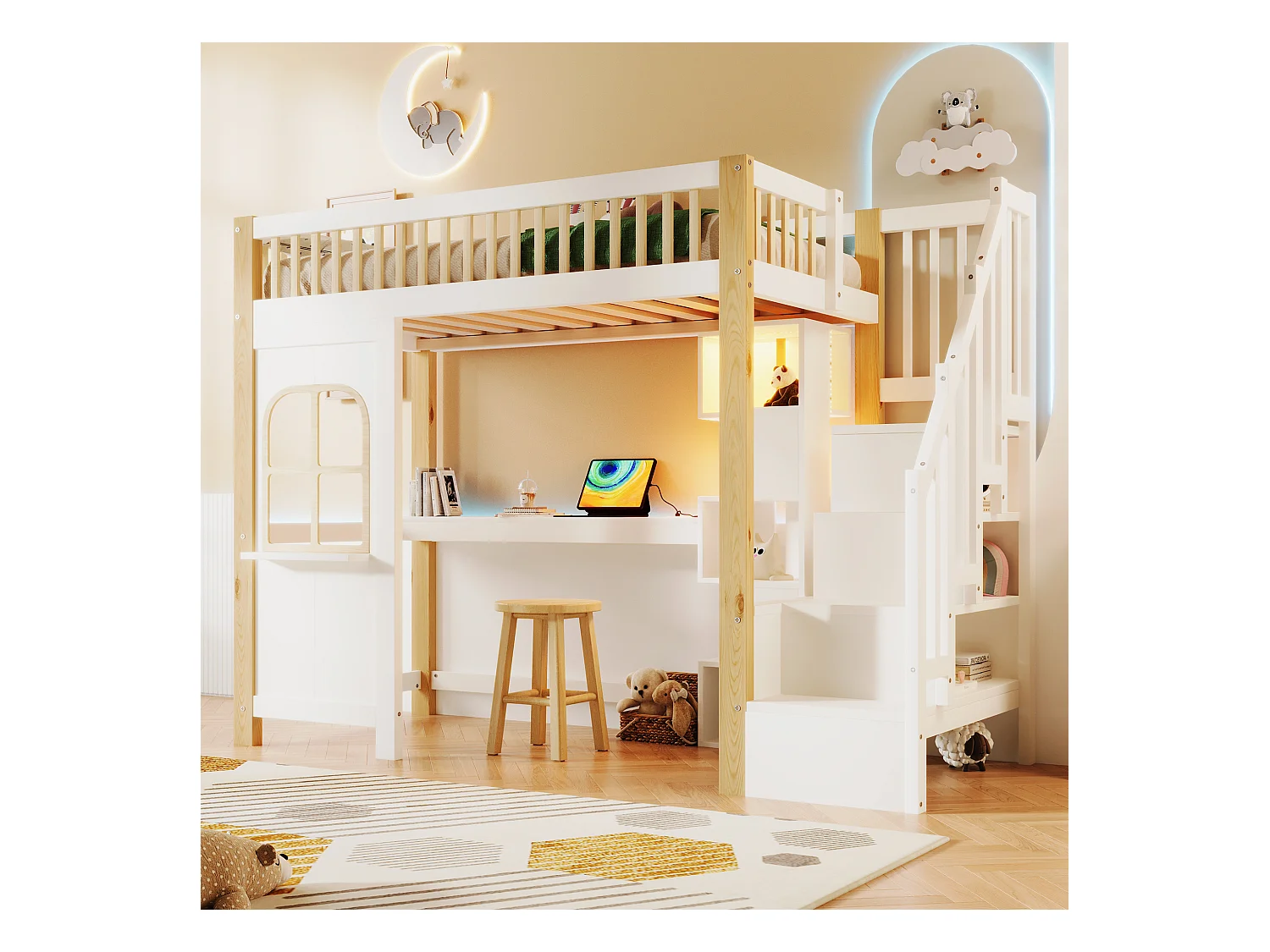 Lit mezzanine 90x200 cm - avec éclairage LED - avec échelle de rangement - avec bureau + prise - coloris blanc + naturel (matelas non inclus)