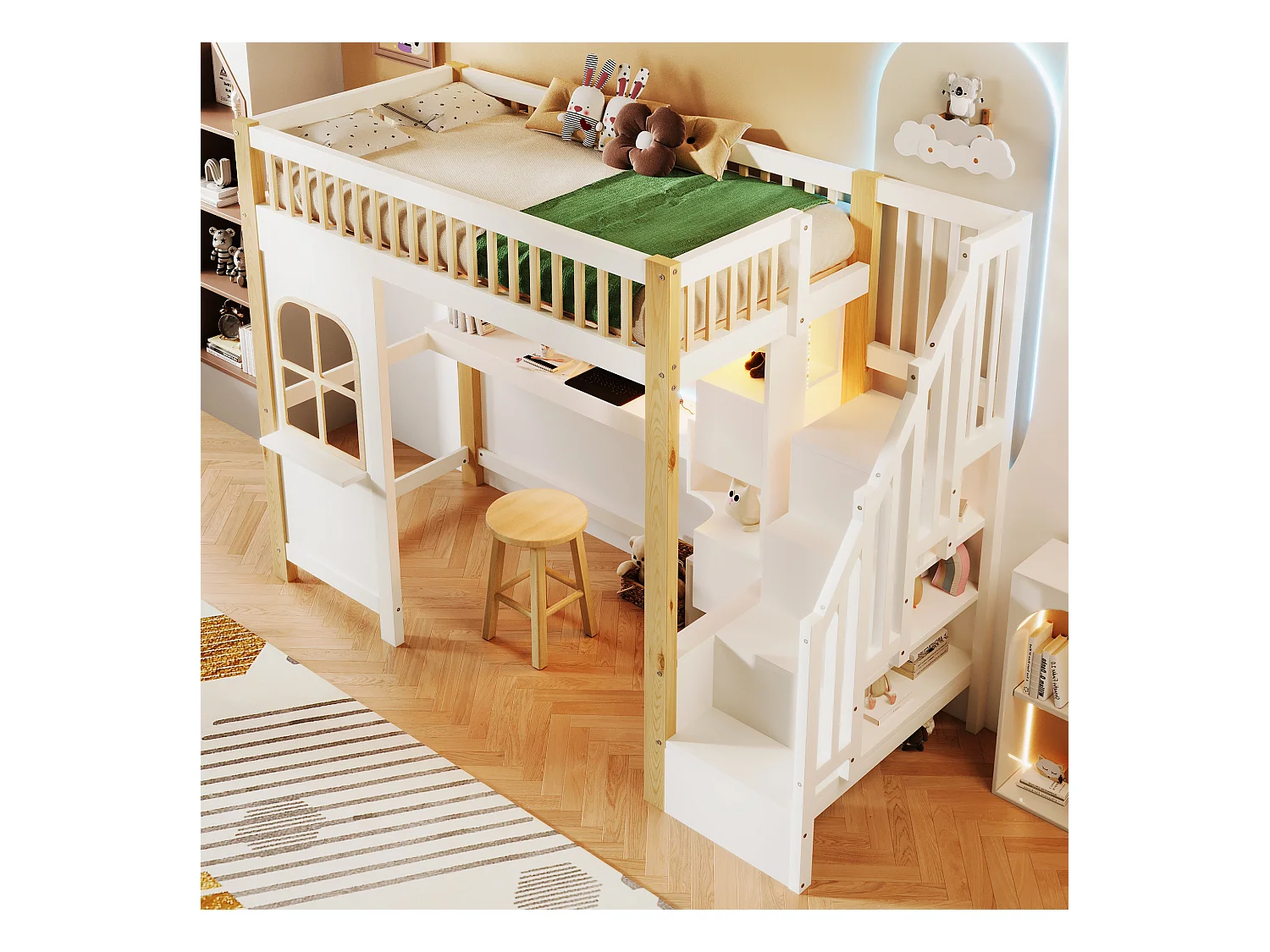 Lit mezzanine 90x200 cm - avec éclairage LED - avec échelle de rangement - avec bureau + prise - coloris blanc + naturel (matelas non inclus)