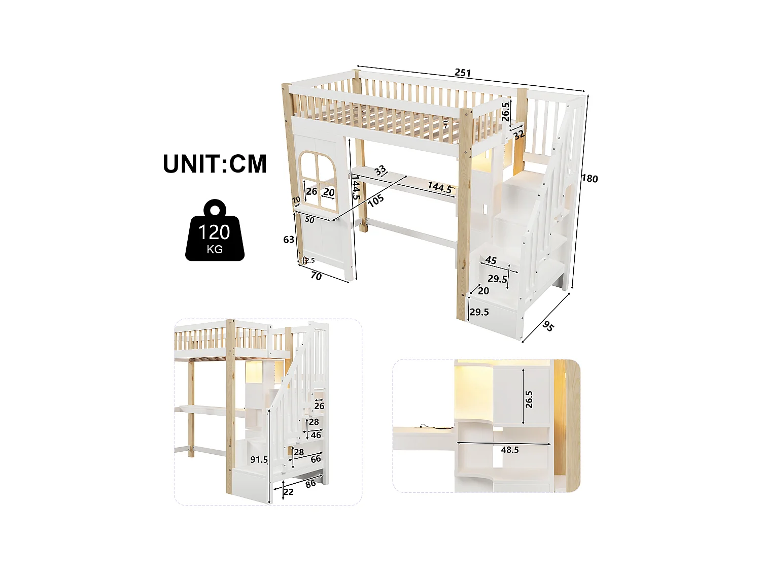 Lit mezzanine 90x200 cm - avec éclairage LED - avec échelle de rangement - avec bureau + prise - coloris blanc + naturel (matelas non inclus)