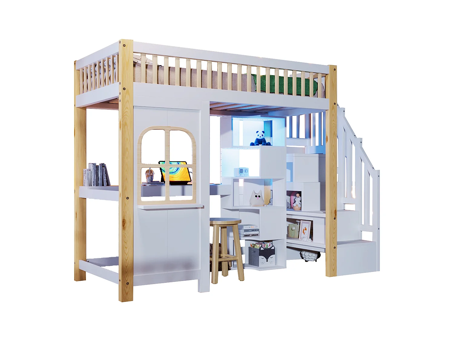 Lit mezzanine 90x200 cm - avec éclairage LED - avec échelle de rangement - avec bureau + prise - coloris blanc + naturel (matelas non inclus)