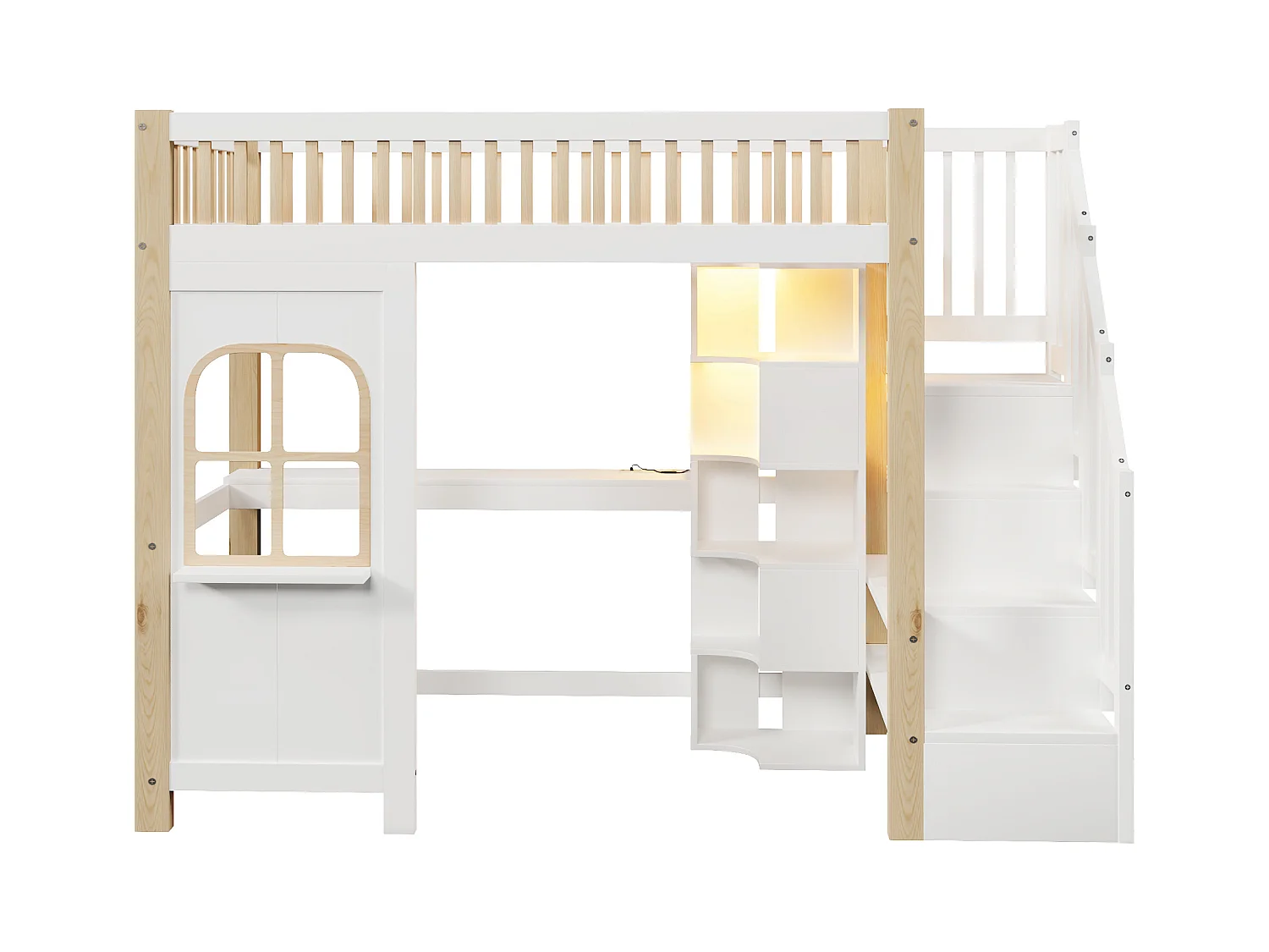 Lit mezzanine 90x200 cm - avec éclairage LED - avec échelle de rangement - avec bureau + prise - coloris blanc + naturel (matelas non inclus)