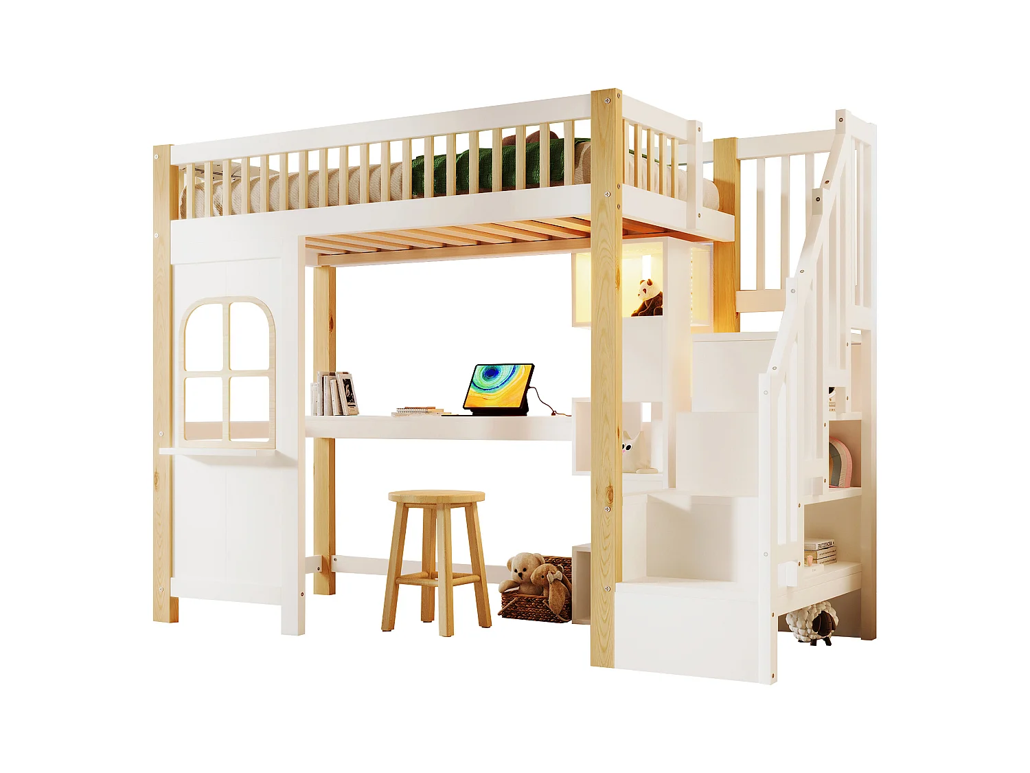Lit mezzanine 90x200 cm - avec éclairage LED - avec échelle de rangement - avec bureau + prise - coloris blanc + naturel (matelas non inclus)