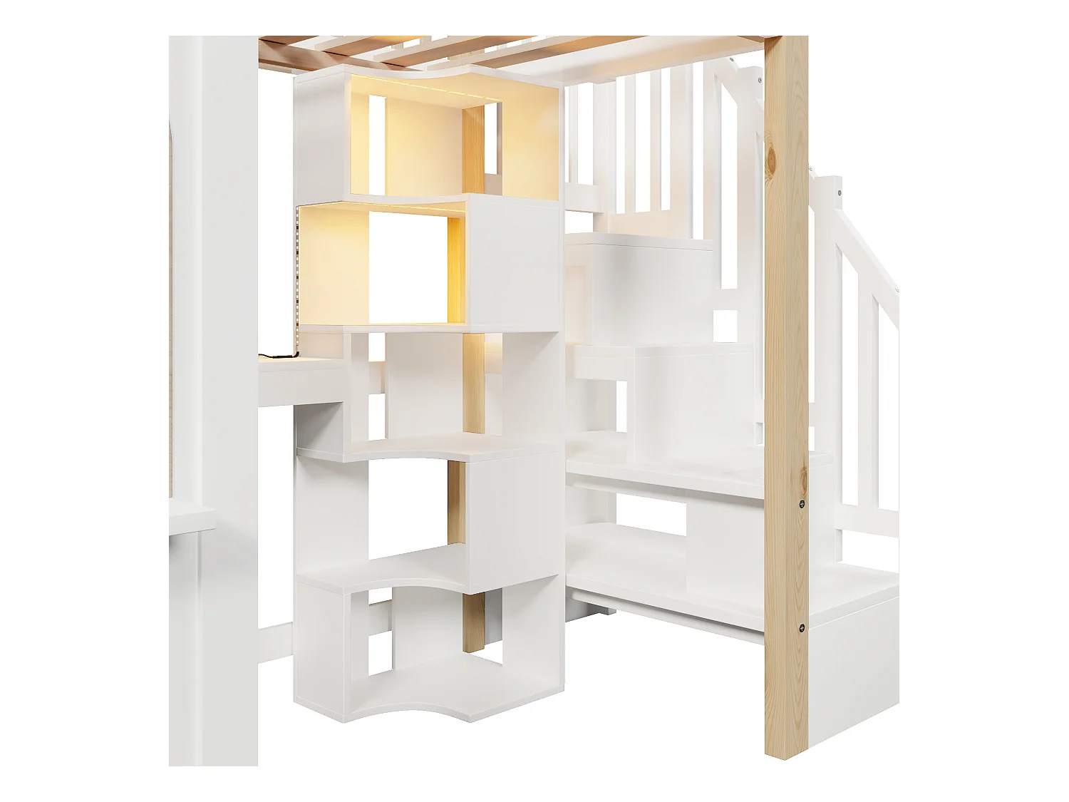 Lit mezzanine 90x200 cm - avec éclairage LED - avec échelle de rangement - avec bureau + prise - coloris blanc + naturel (matelas non inclus)