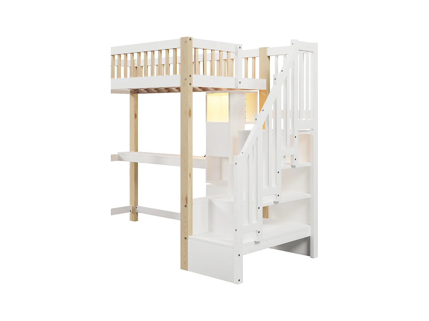 Lit mezzanine 90x200 cm - avec éclairage LED - avec échelle de rangement - avec bureau + prise - coloris blanc + naturel (matelas non inclus)