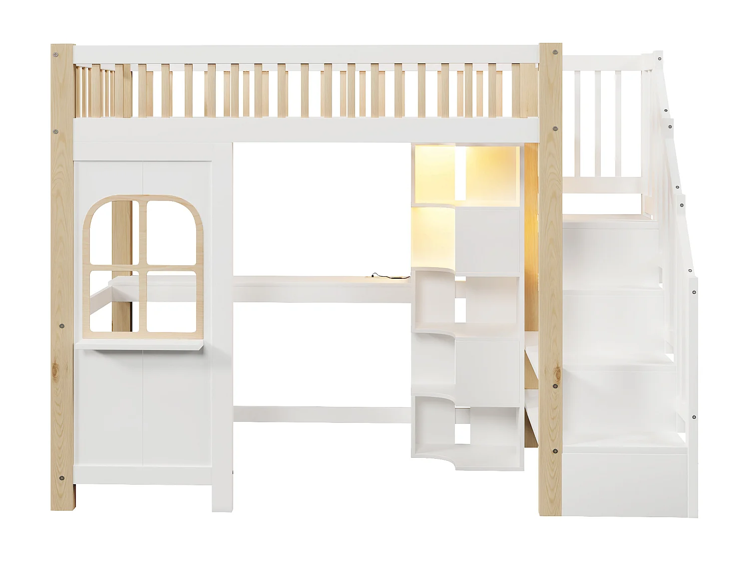 Hochbett 90x200 cm - mit LED-Beleuchtung - mit Aufstiegsleiter - mit Schreibtisch + Steckdose - Farbe weiß + natur (Matratze nicht inbegriffen)