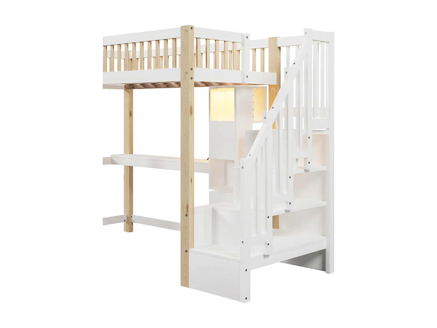 Hochbett 90x200 cm - mit LED-Beleuchtung - mit Aufstiegsleiter - mit Schreibtisch + Steckdose - Farbe weiß + natur (Matratze nicht inbegriffen)