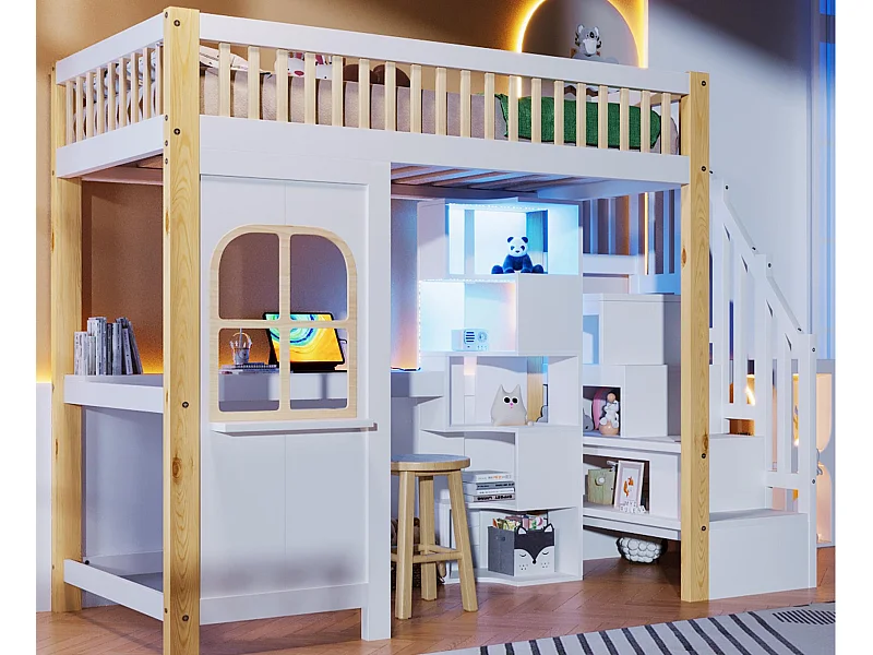 Lit mezzanine 90x200 cm - avec éclairage LED - avec échelle de rangement - avec bureau + prise - coloris blanc + naturel (matelas non inclus)