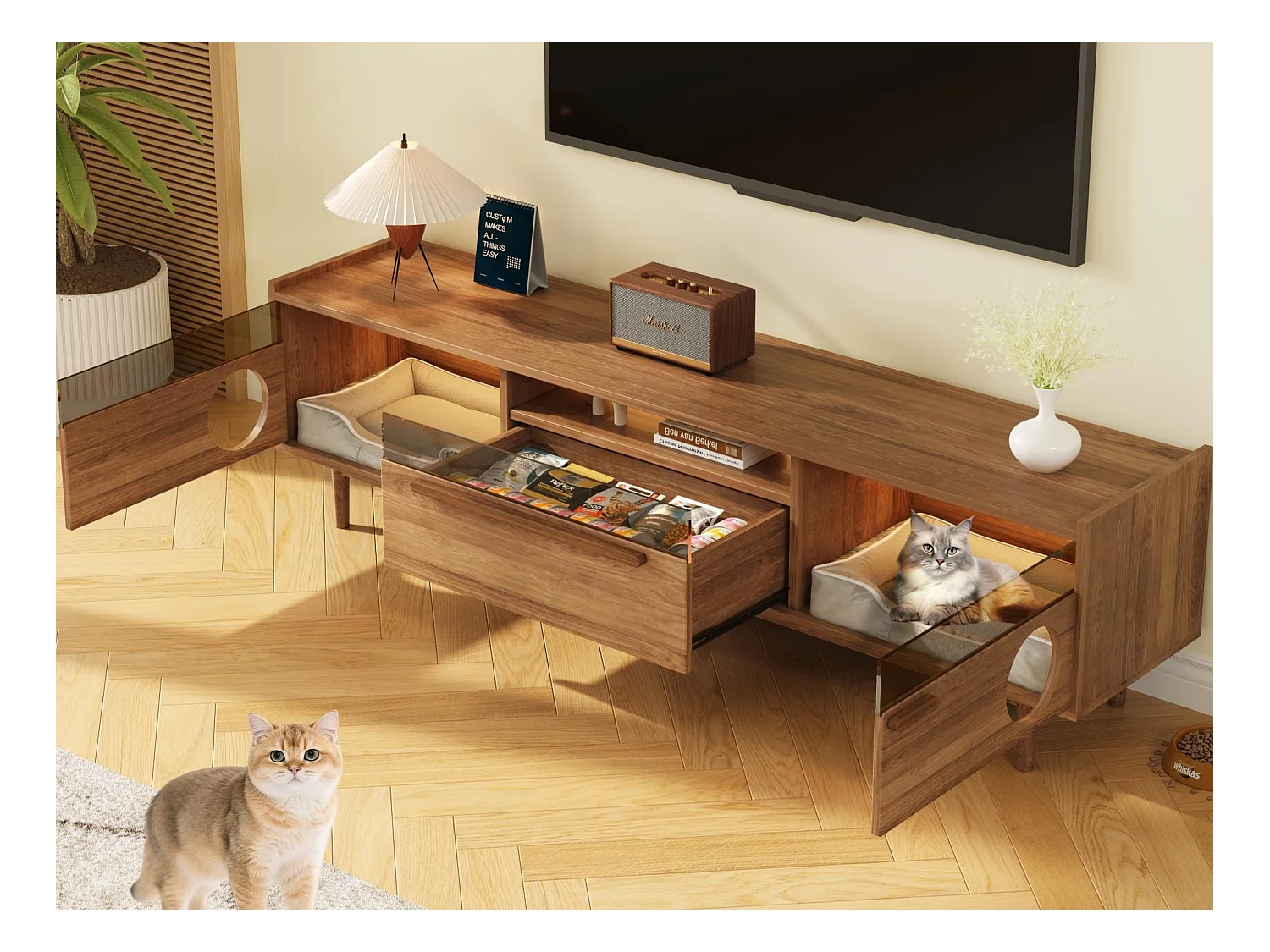 Meuble TV moderne 180x40x50cm - espace de repos pour animaux - avec éclairage LED - 1 tiroir et 2 portes - naturel