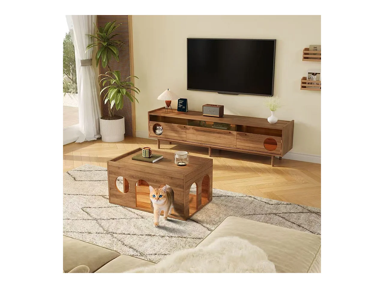 Meuble TV moderne 180x40x50cm - espace de repos pour animaux - avec éclairage LED - 1 tiroir et 2 portes - naturel