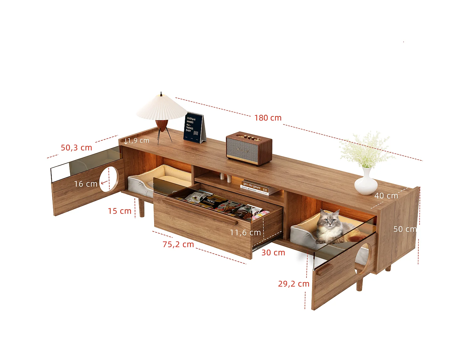 Meuble TV moderne 180x40x50cm - espace de repos pour animaux - avec éclairage LED - 1 tiroir et 2 portes - naturel