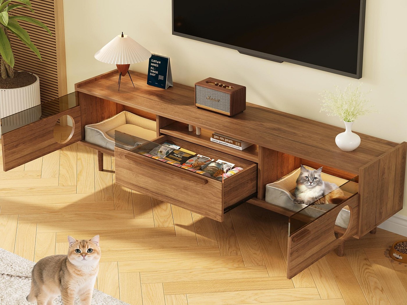 PUGSDRLY Meuble TV Bas avec 3 Tiroirs et Compartiments,Meuble TV avec Rangement,Design élégant et Moderne,Blanc Brillant et Noir,190x40x42cm