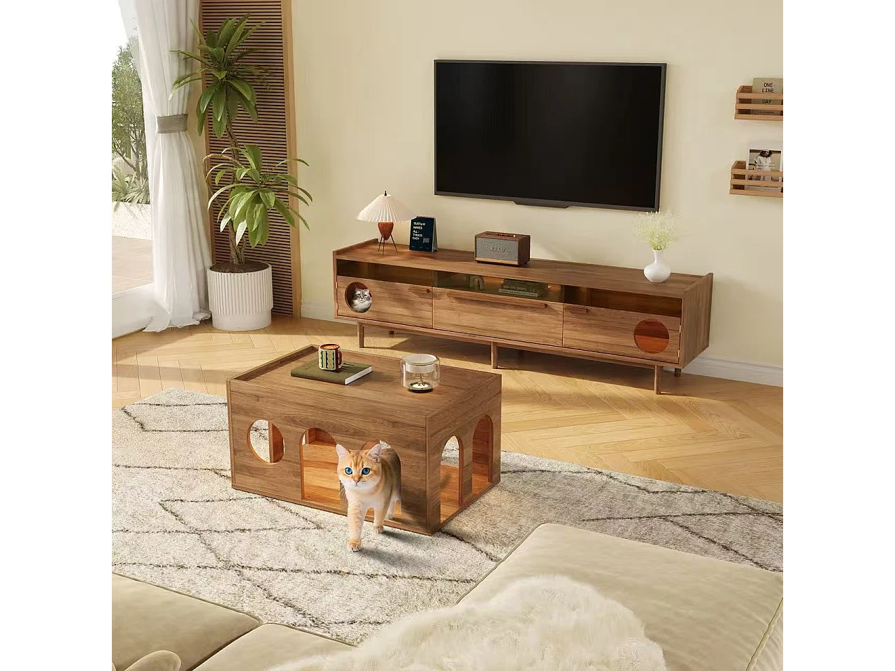 Mobile TV moderno 180x40x50 cm - riposto per animali domestici - con illuminazione a LED - 1 cassetto e 2 ante - colore naturale