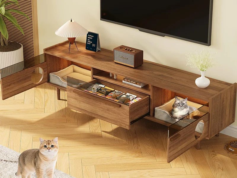 Mobile TV moderno 180x40x50 cm - riposto per animali domestici - con illuminazione a LED - 1 cassetto e 2 ante - colore naturale