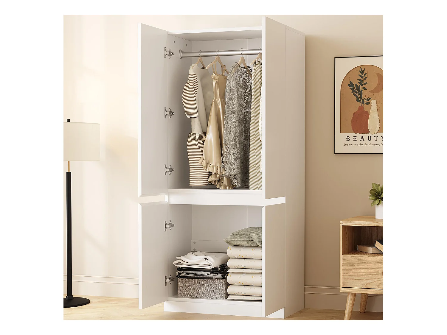 Armoire 70x40x170 cm - 4 portes - avec tige de séchage de vêtements - Blanc