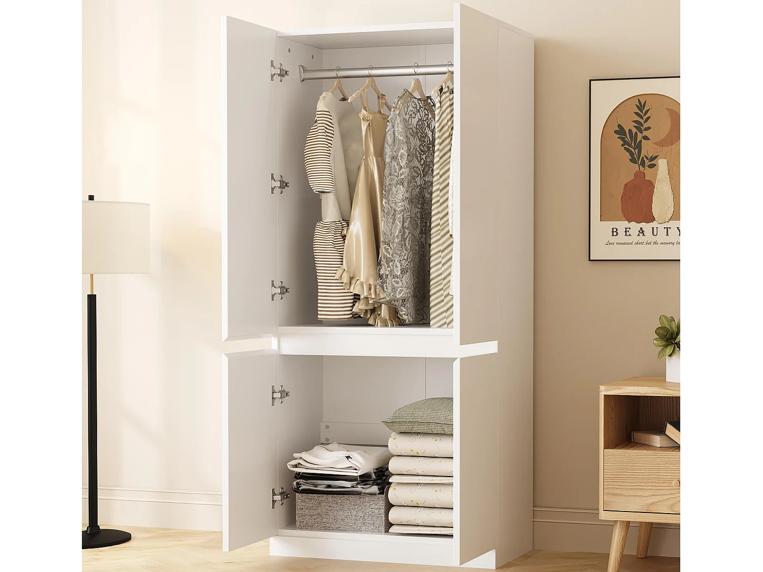 Kleiderschrank 70x40x170 cm - 4 Türen - mit Kleiderstange - Weiß