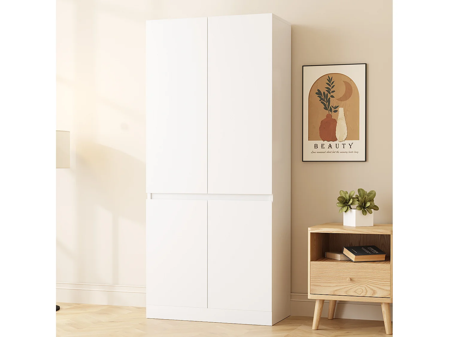 Kleiderschrank 70x40x170 cm - 4 Türen - mit Kleiderstange - Weiß