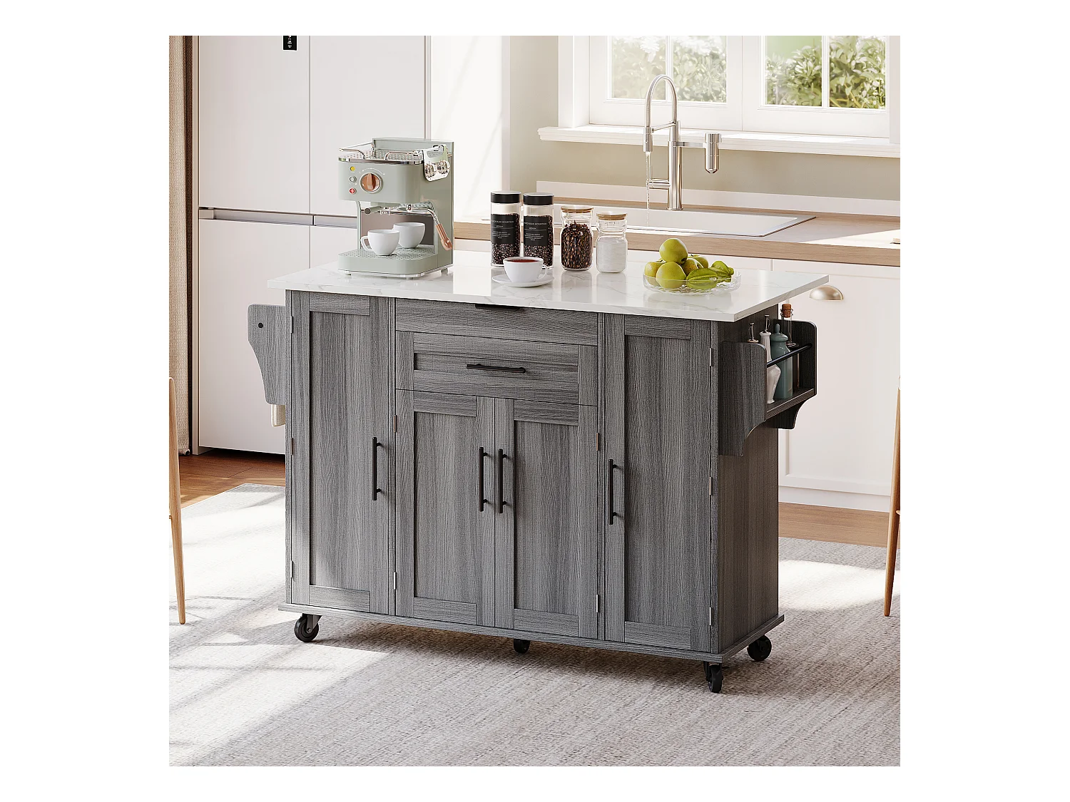 Ilot central de cuisine mobile - plateau extensible - avec étagère à épices et porte-serviettes - avec 2 tiroirs et 4 portes - MDF - Gris