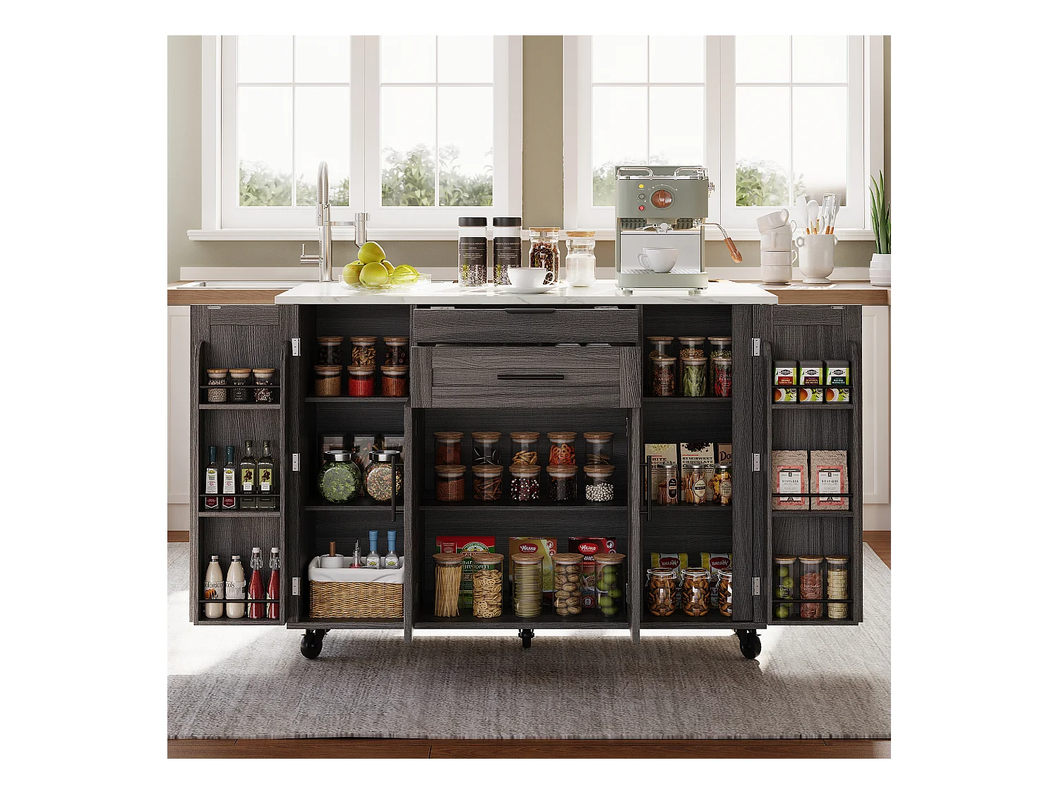 Ilot central de cuisine mobile - plateau extensible - avec étagère à épices et porte-serviettes - avec 2 tiroirs et 4 portes - MDF - Gris