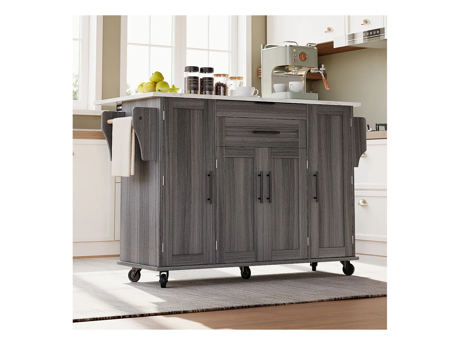 Ilot central de cuisine mobile - plateau extensible - avec étagère à épices et porte-serviettes - avec 2 tiroirs et 4 portes - MDF - Gris