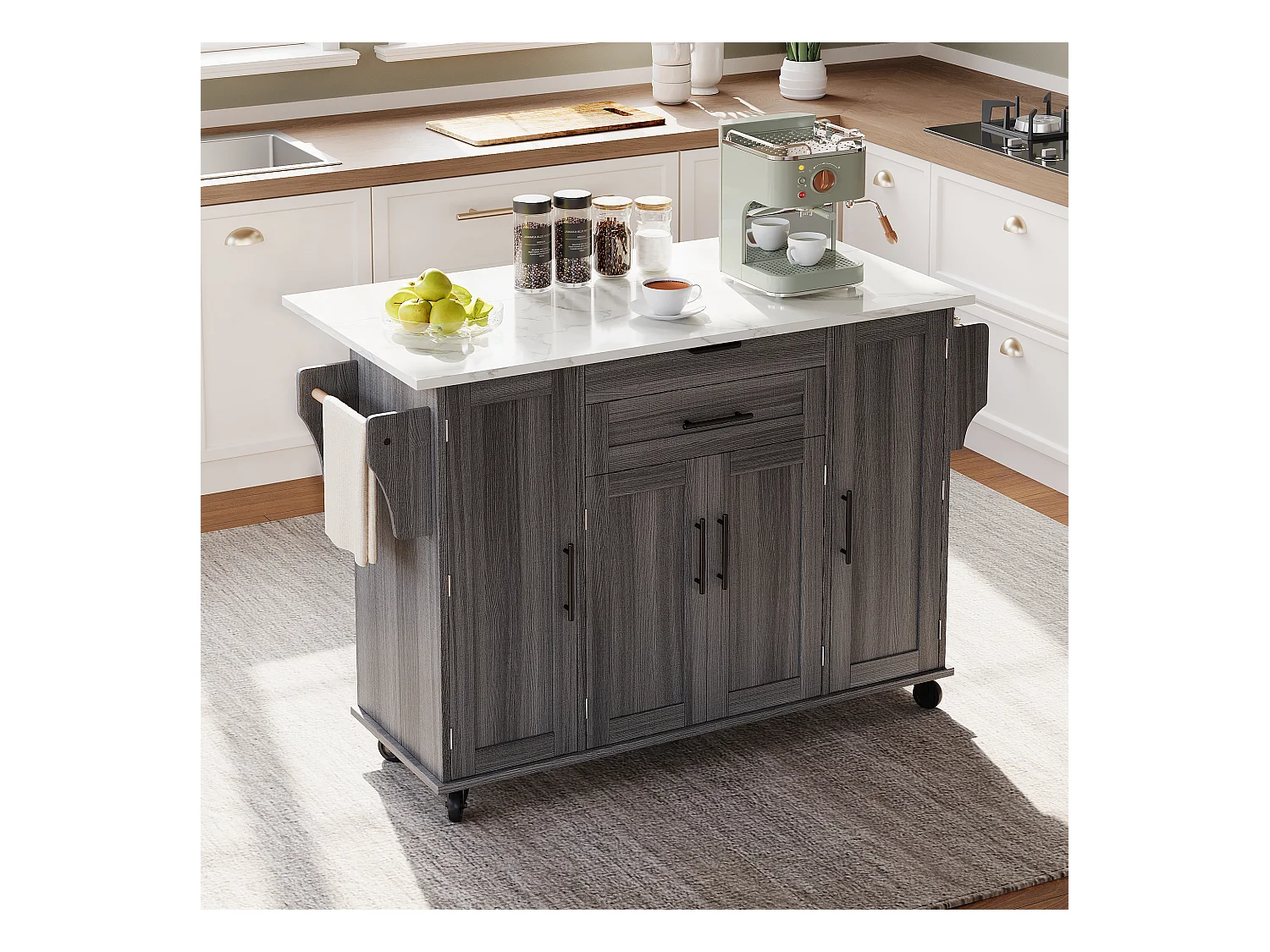 Ilot central de cuisine mobile - plateau extensible - avec étagère à épices et porte-serviettes - avec 2 tiroirs et 4 portes - MDF - Gris