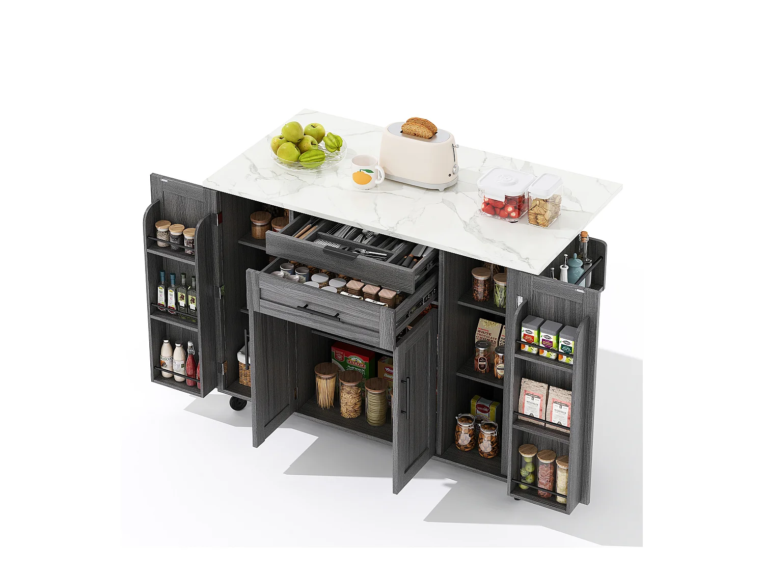 Ilot central de cuisine mobile - plateau extensible - avec étagère à épices et porte-serviettes - avec 2 tiroirs et 4 portes - MDF - Gris