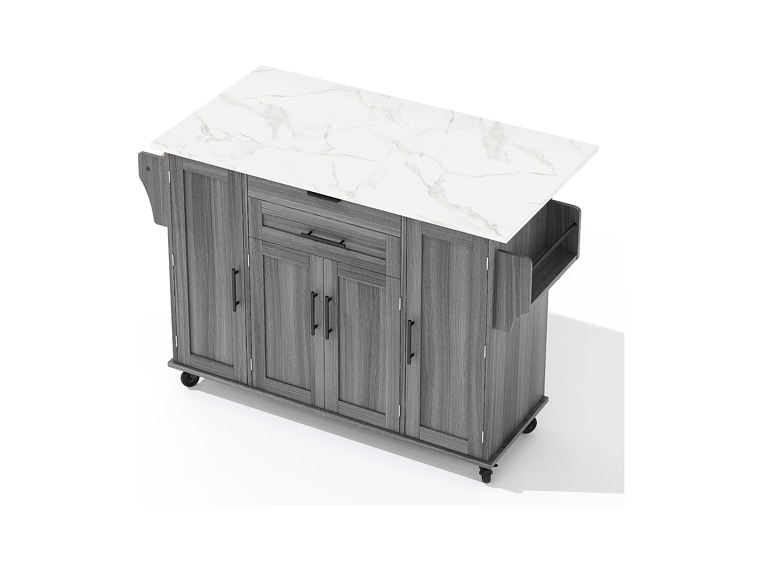 Ilot central de cuisine mobile - plateau extensible - avec étagère à épices et porte-serviettes - avec 2 tiroirs et 4 portes - MDF - Gris