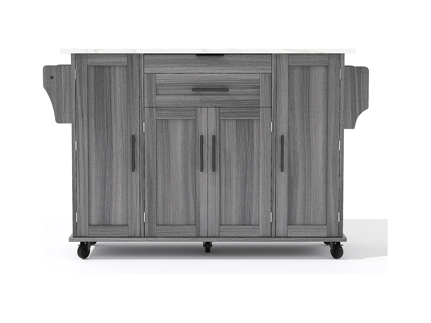 Ilot central de cuisine mobile - plateau extensible - avec étagère à épices et porte-serviettes - avec 2 tiroirs et 4 portes - MDF - Gris