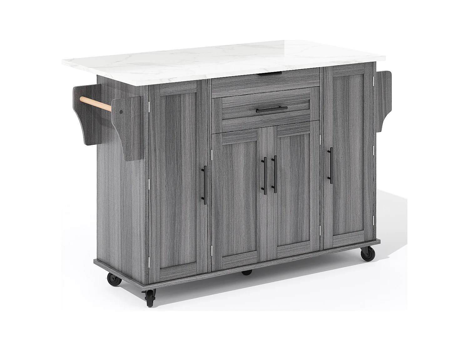 Ilot central de cuisine mobile - plateau extensible - avec étagère à épices et porte-serviettes - avec 2 tiroirs et 4 portes - MDF - Gris
