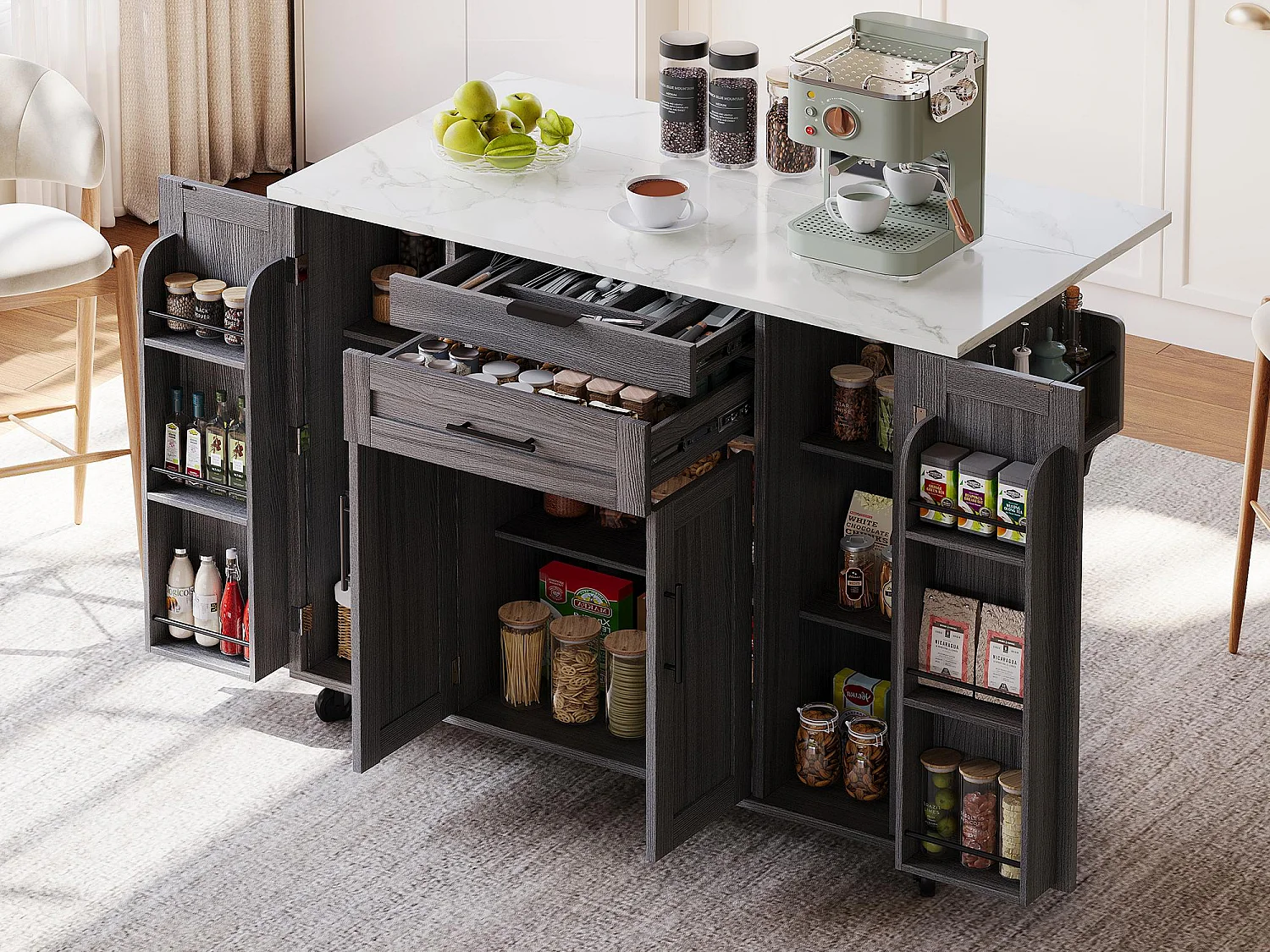 Ilot central de cuisine mobile - plateau extensible - avec étagère à épices et porte-serviettes - avec 2 tiroirs et 4 portes - MDF - Gris