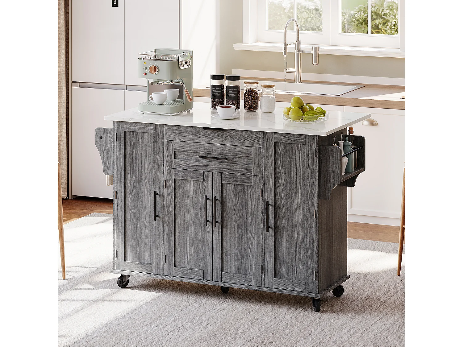 Ilot central de cuisine mobile - plateau extensible - avec étagère à épices et porte-serviettes - avec 2 tiroirs et 4 portes - MDF - Gris