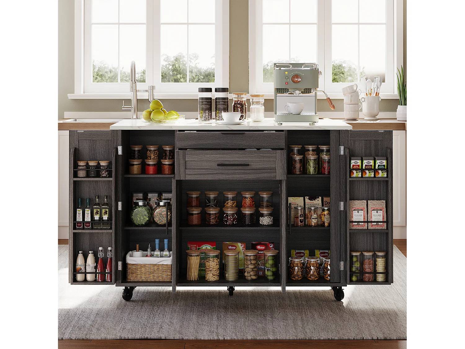 Ilot central de cuisine mobile - plateau extensible - avec étagère à épices et porte-serviettes - avec 2 tiroirs et 4 portes - MDF - Gris