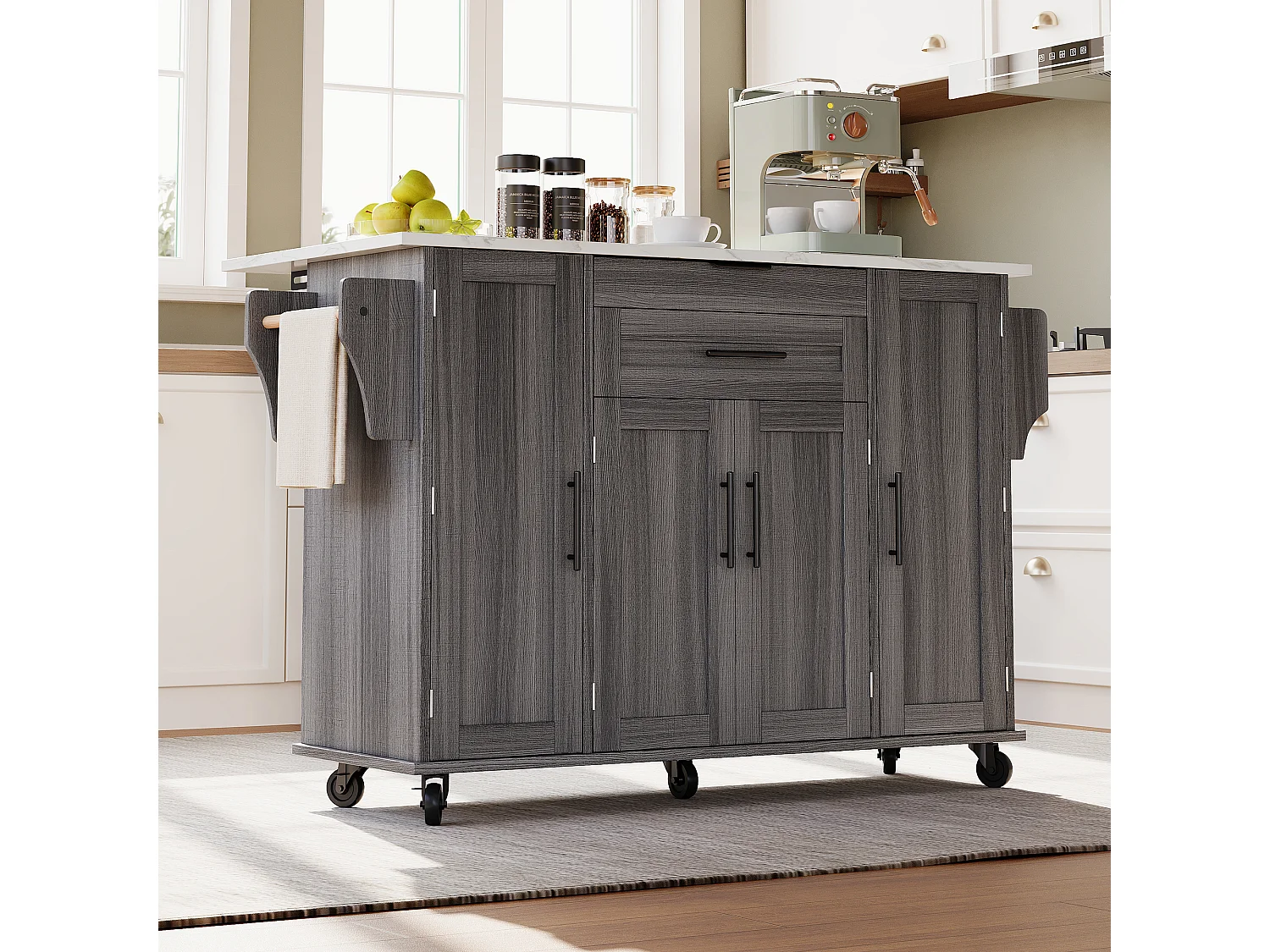 Ilot central de cuisine mobile - plateau extensible - avec étagère à épices et porte-serviettes - avec 2 tiroirs et 4 portes - MDF - Gris