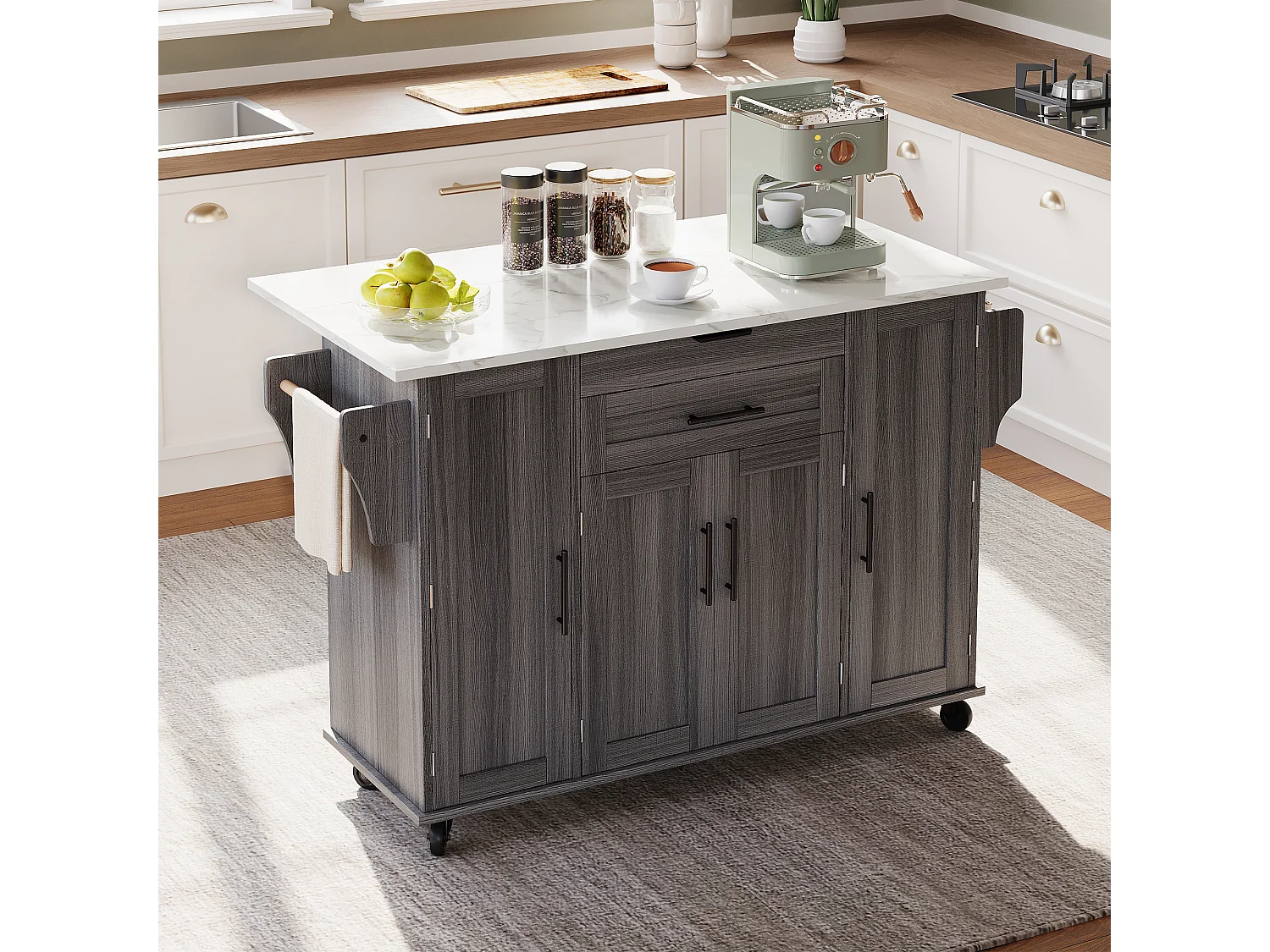 Ilot central de cuisine mobile - plateau extensible - avec étagère à épices et porte-serviettes - avec 2 tiroirs et 4 portes - MDF - Gris