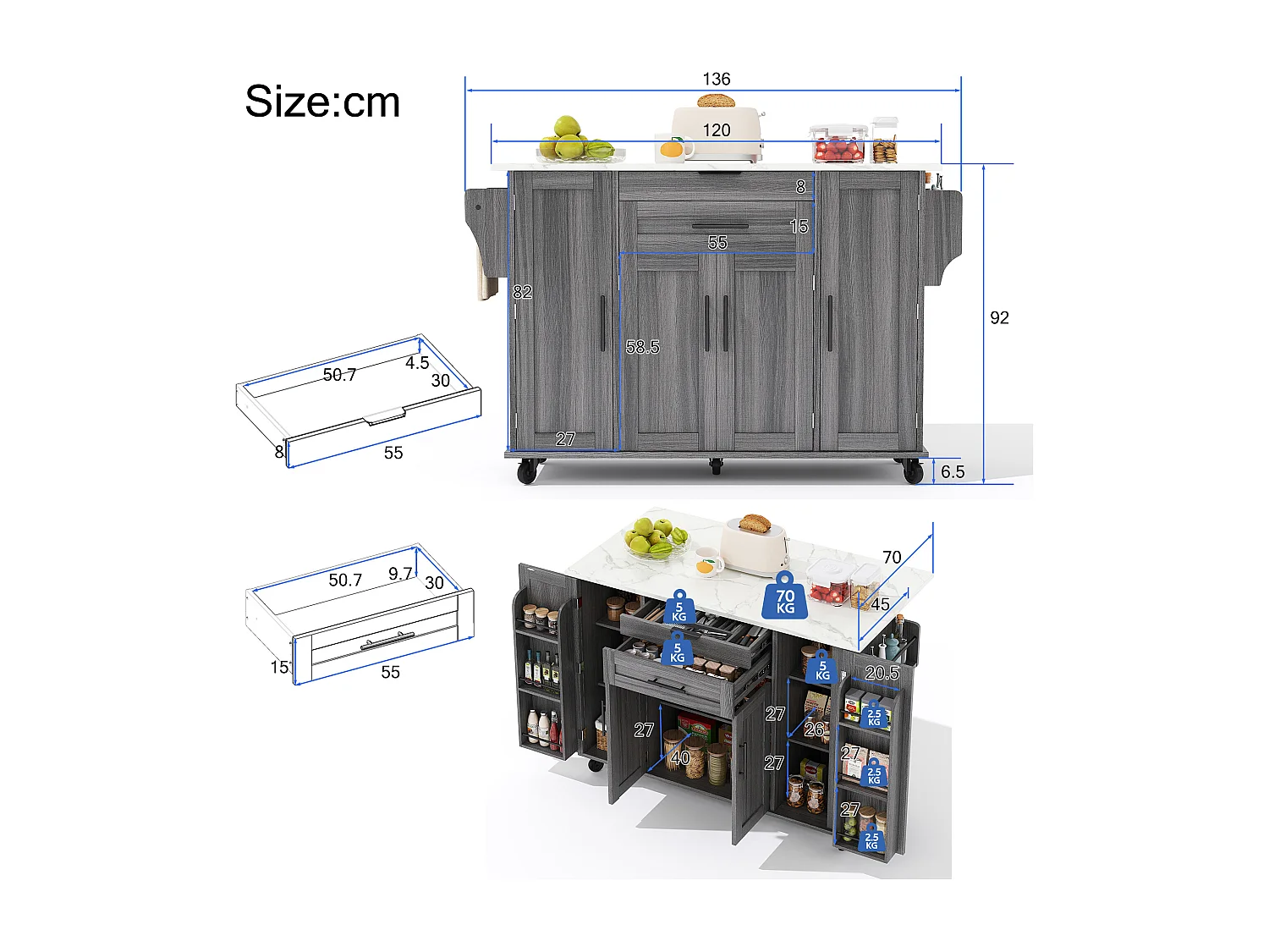 Ilot central de cuisine mobile - plateau extensible - avec étagère à épices et porte-serviettes - avec 2 tiroirs et 4 portes - MDF - Gris