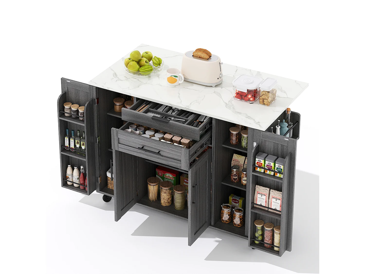 Ilot central de cuisine mobile - plateau extensible - avec étagère à épices et porte-serviettes - avec 2 tiroirs et 4 portes - MDF - Gris