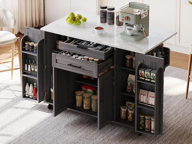 Ilot central de cuisine mobile - plateau extensible - avec étagère à épices et porte-serviettes - avec 2 tiroirs et 4 portes - MDF - Gris