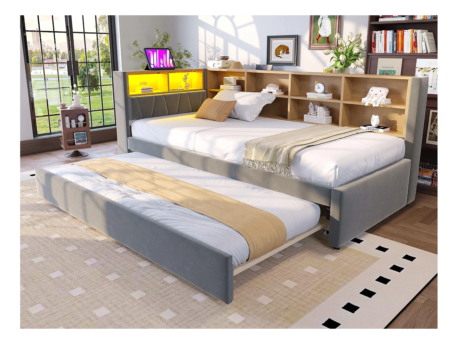 Canapé-lit 90x200 cm - avec lit gigogne 90x190 cm - avec éclairage LED - prise de courant - gris foncé (matelas non inclus)