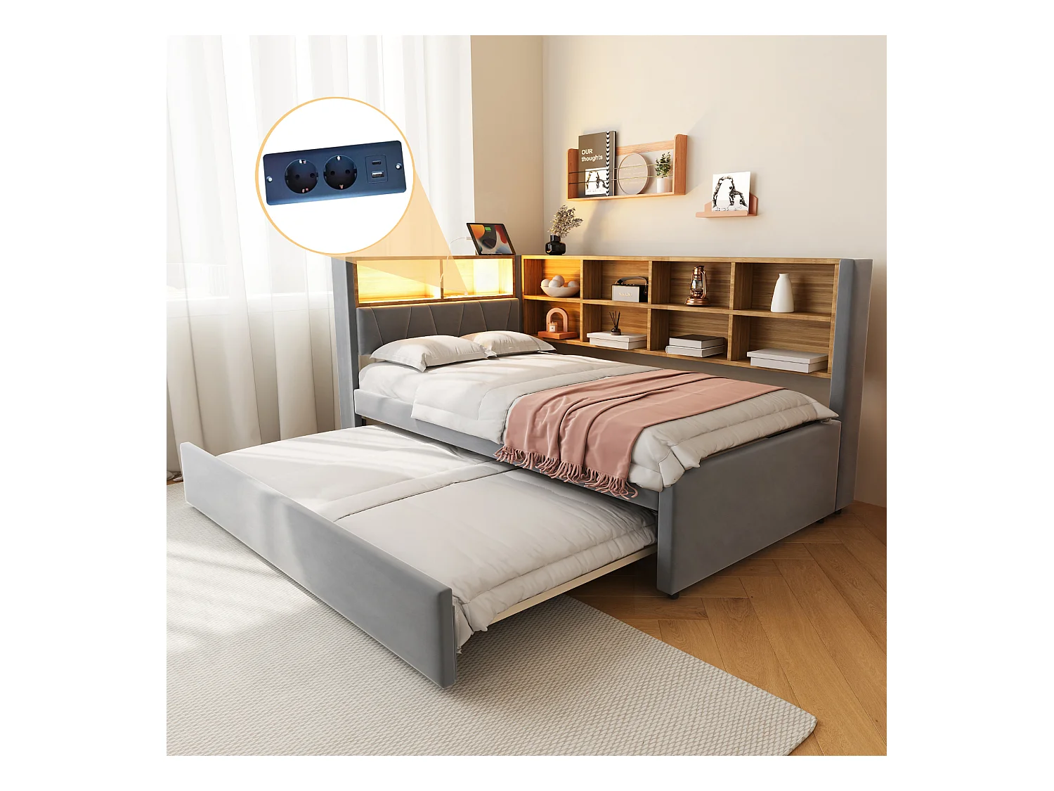 Canapé-lit 90x200 cm - avec lit gigogne 90x190 cm - avec éclairage LED - prise de courant - gris foncé (matelas non inclus)