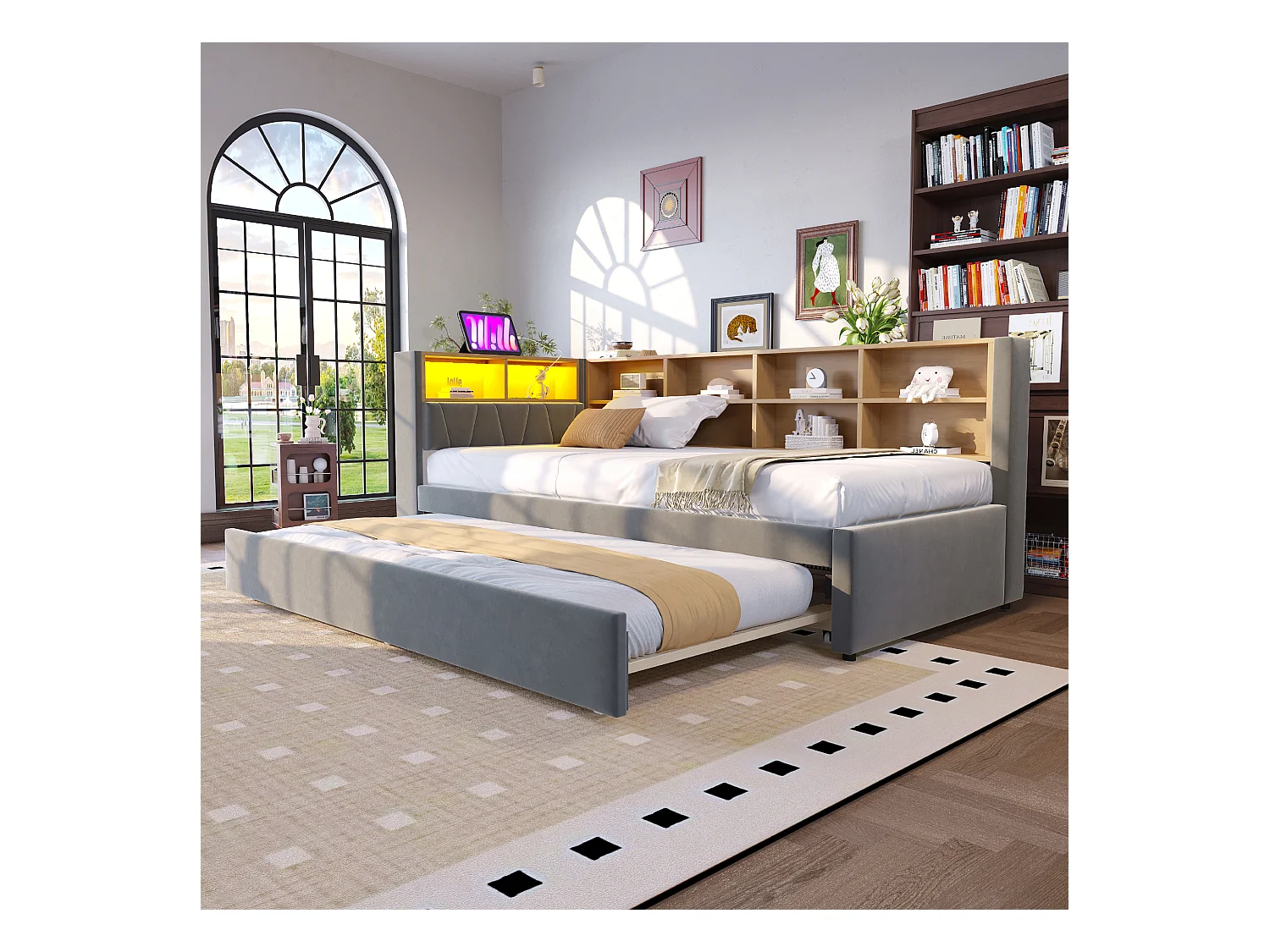 Canapé-lit 90x200 cm - avec lit gigogne 90x190 cm - avec éclairage LED - prise de courant - gris foncé (matelas non inclus)