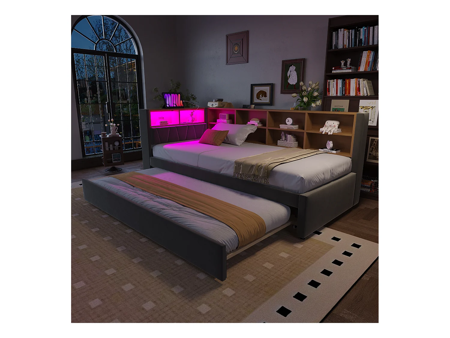 Canapé-lit 90x200 cm - avec lit gigogne 90x190 cm - avec éclairage LED - prise de courant - gris foncé (matelas non inclus)