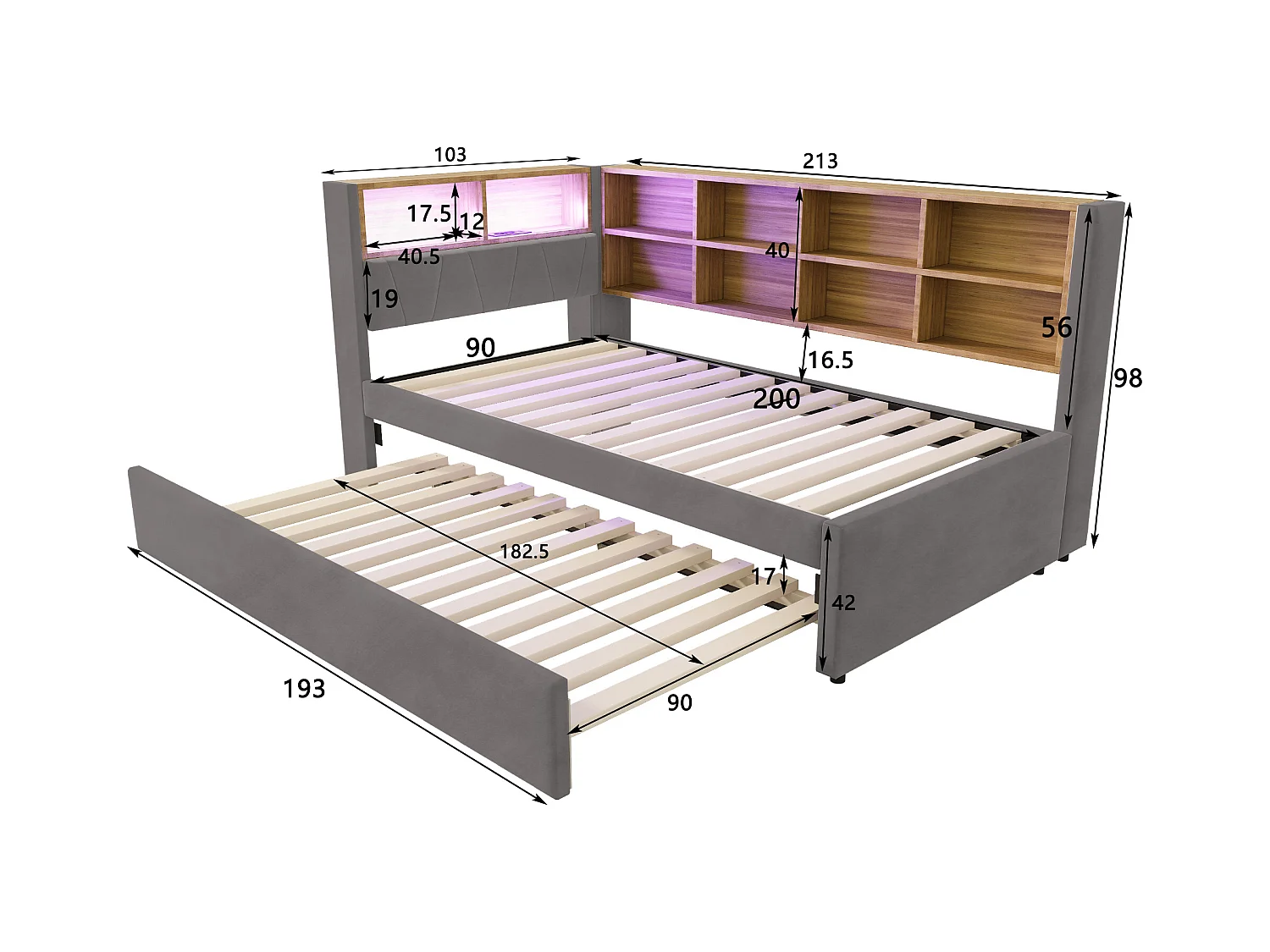 Canapé-lit 90x200 cm - avec lit gigogne 90x190 cm - avec éclairage LED - prise de courant - gris foncé (matelas non inclus)