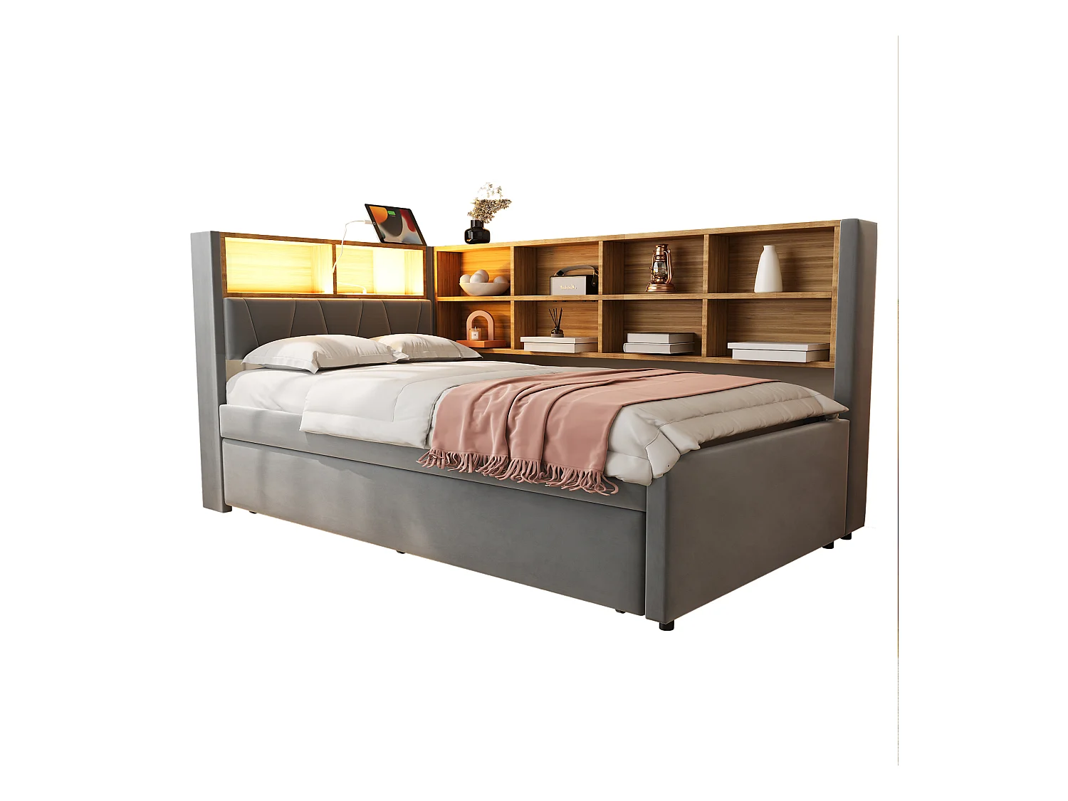 Canapé-lit 90x200 cm - avec lit gigogne 90x190 cm - avec éclairage LED - prise de courant - gris foncé (matelas non inclus)