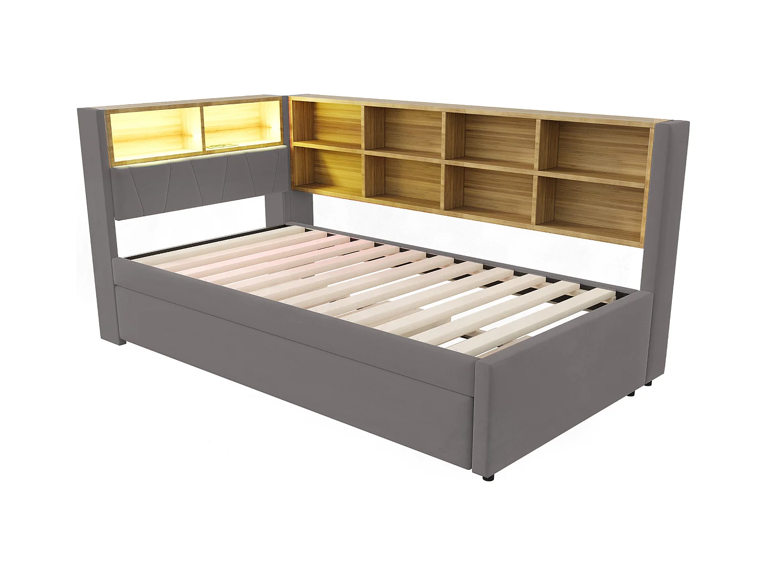Canapé-lit 90x200 cm - avec lit gigogne 90x190 cm - avec éclairage LED - prise de courant - gris foncé (matelas non inclus)